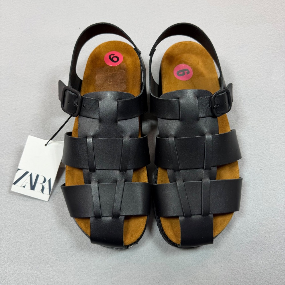Zara Black Leather Cage Fisherman Sandals Women 8 US Flat Strappy 4610/330